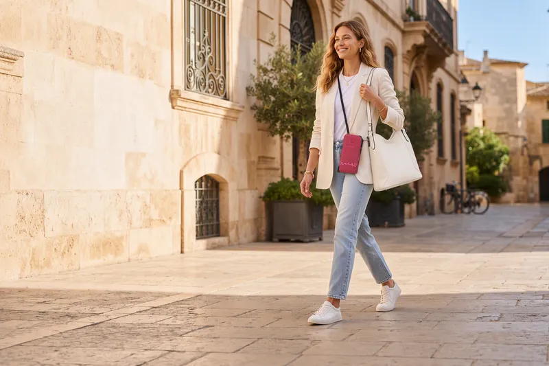Mujer caminando por una calle empedrada con un bolso y un portacelular de Amapola